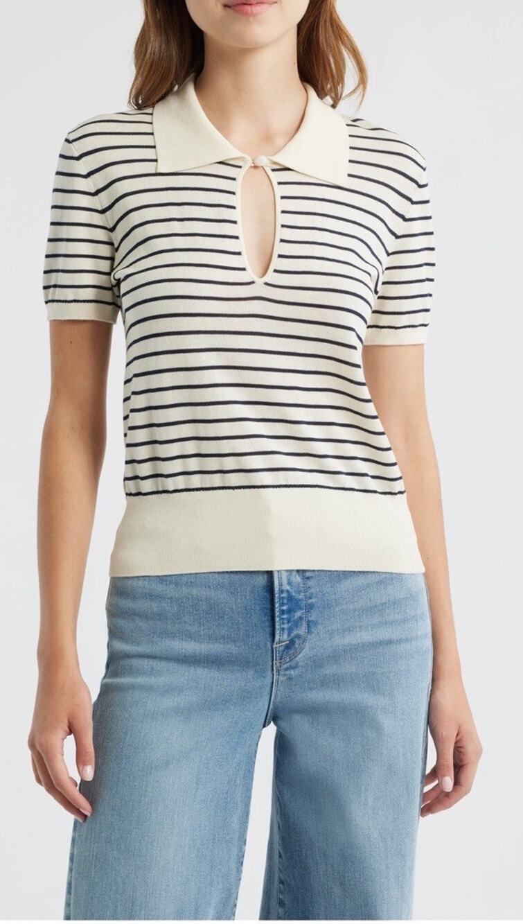 FRAME The Keyhole Polo Striped Short Sleeve Knit Top in Cream Multi Medium